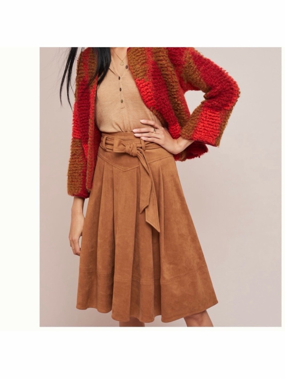 Anthropologie Faux Suede A-Line Midi Skirt with Tie Belt - Brown